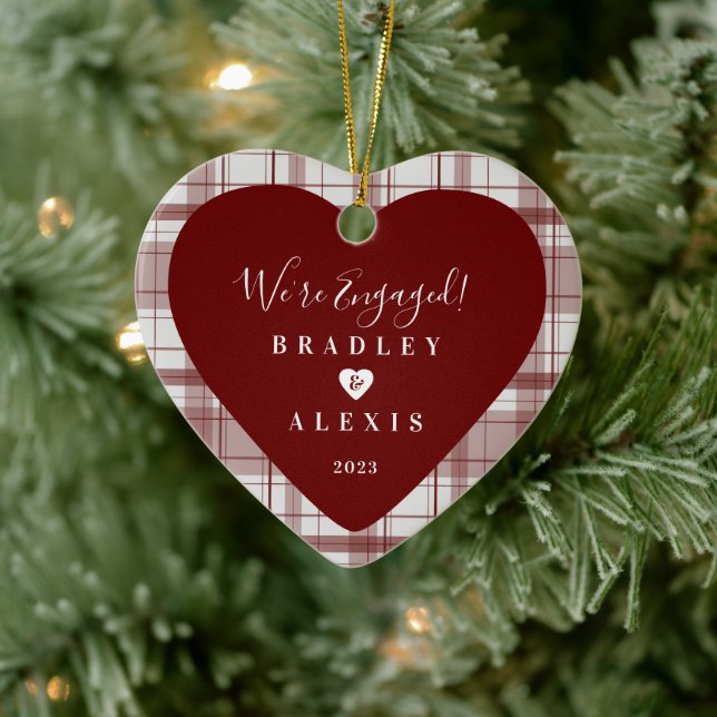 Plaid Engaged Red Photo Ceramic Ornament (Tree)
