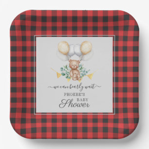 Plaid Eucalyptus Baby Shower Bear Buffalo Check Paper Plates