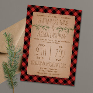 Plaid + Evergreen Branches Wedding Invite