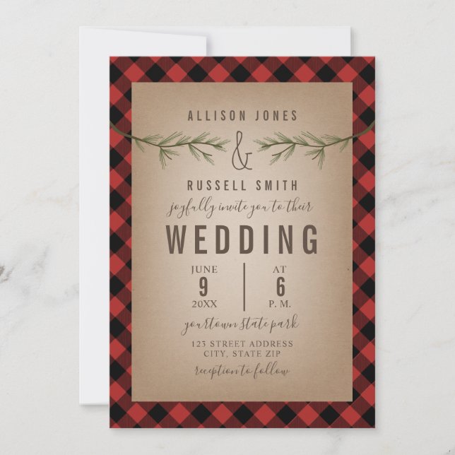 Plaid + Evergreen Tree Branches Wedding Invitation (Front)