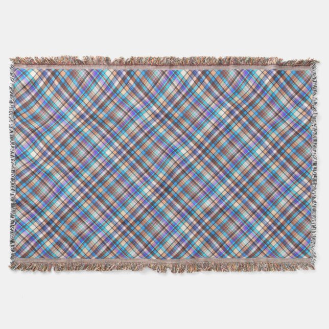 Plaid Fabric Print Grey Blue Checkered Pattern Throw Blanket (Front)