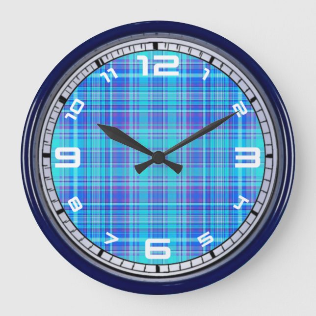 Plaid Fabric Texture Blue Stripes Pattern-43657 Large Clock (Front)