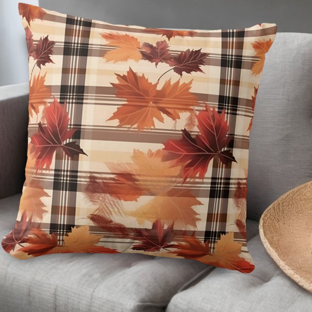 Plaid Fall Autumn Leaves Throw Pillow (Creator Uploaded)