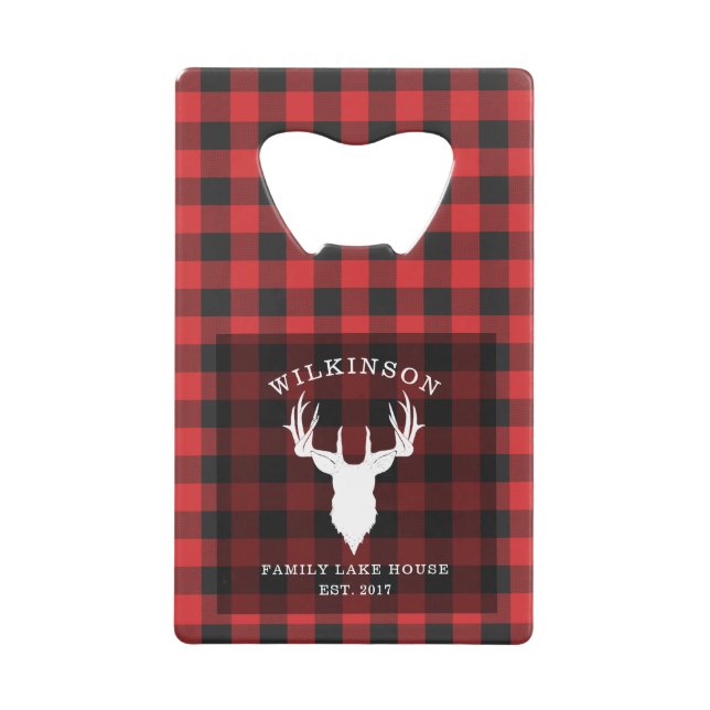 Plaid Family Name Lumberjack Lake House Credit Card Bottle Opener (Front)