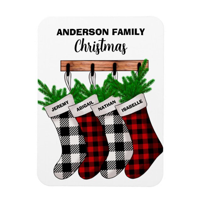 Plaid Family of 4 Personalized Christmas Magnet (Vertical)