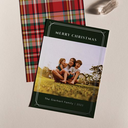 Plaid Family Photo Geometric Christmas Silver Foil Holiday Card