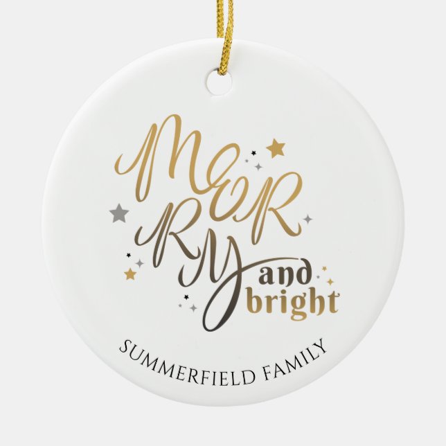 Plaid Family Photo Merry and Bright Christmas Ceramic Ornament (Front)
