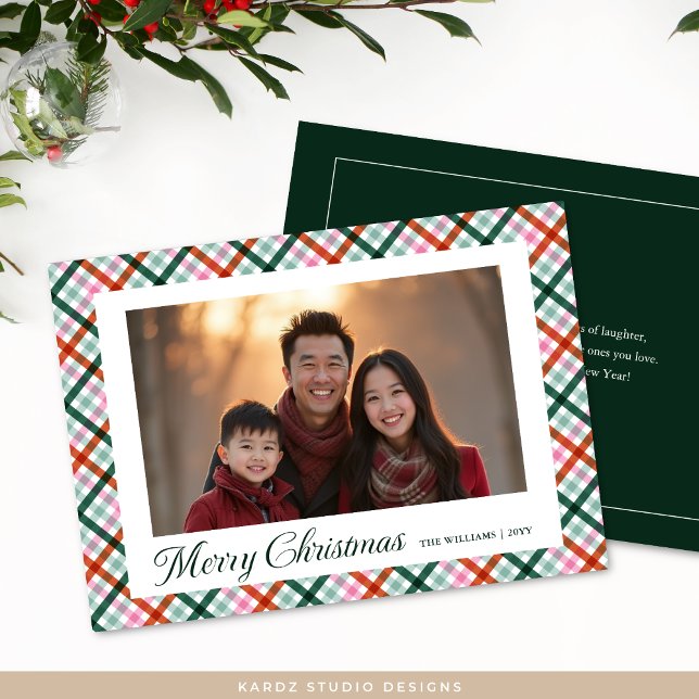 Plaid Family Photo Modern Merry Christmas Card (Card is shown in 5 x 7 inches. Personalize message, name and photo. Choose paper style.)