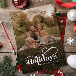 Plaid Family Photo Snowflakes Christmas Silver Foil Holiday Card