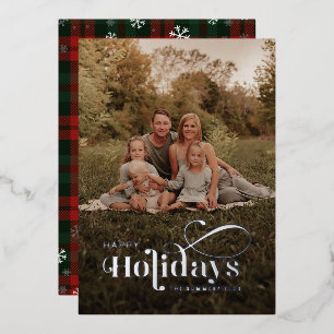 Plaid Family Photo Snowflakes Christmas Silver Foil Holiday Card