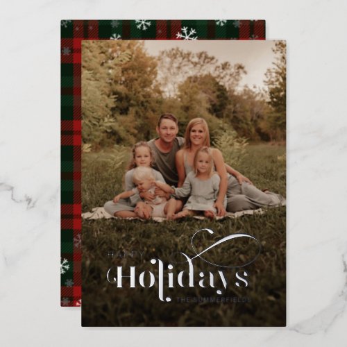 Plaid Family Photo Snowflakes Christmas Silver Foil Holiday Card