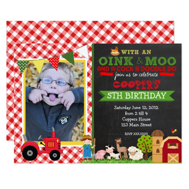 Plaid Farm Tractor Birthday Party Invitation
