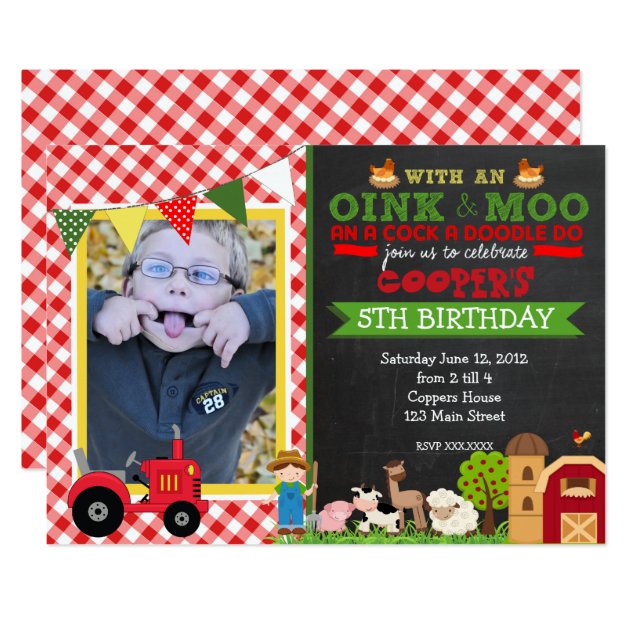 Plaid Farm Tractor Birthday Party Invitation