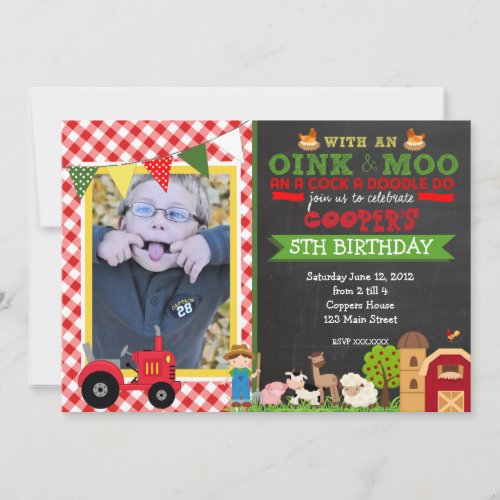 Plaid Farm Tractor Birthday Party Invitation