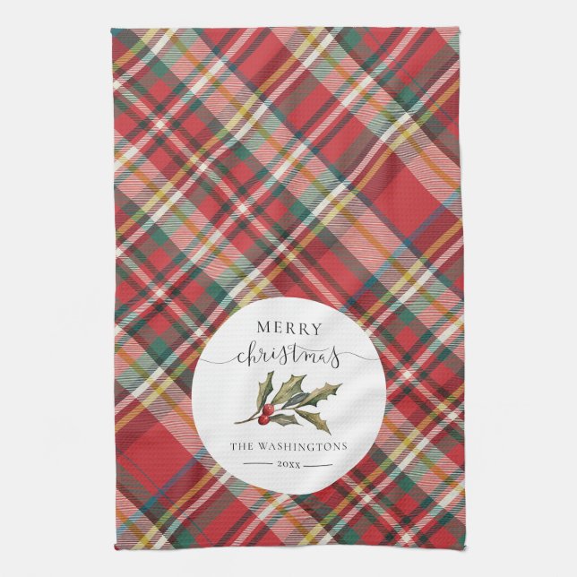 Plaid Farmhouse Red Check Rustic Merry Christmas Kitchen Towel (Vertical)