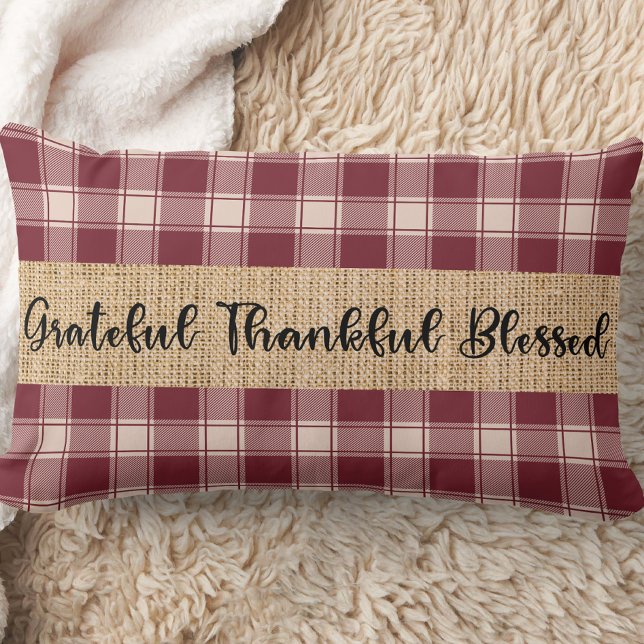 Plaid Farmhouse Rustic Throw Pillow (Red and cream colored plaid throw pillow with the phrase, grateful, thankful, blessed)