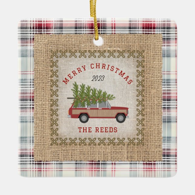 Plaid Faux Burlap Wood Paneled SUV Christmas Tree Ceramic Ornament (Front)