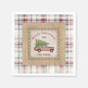 Plaid Faux Burlap Wood Paneled SUV Christmas Tree Napkins