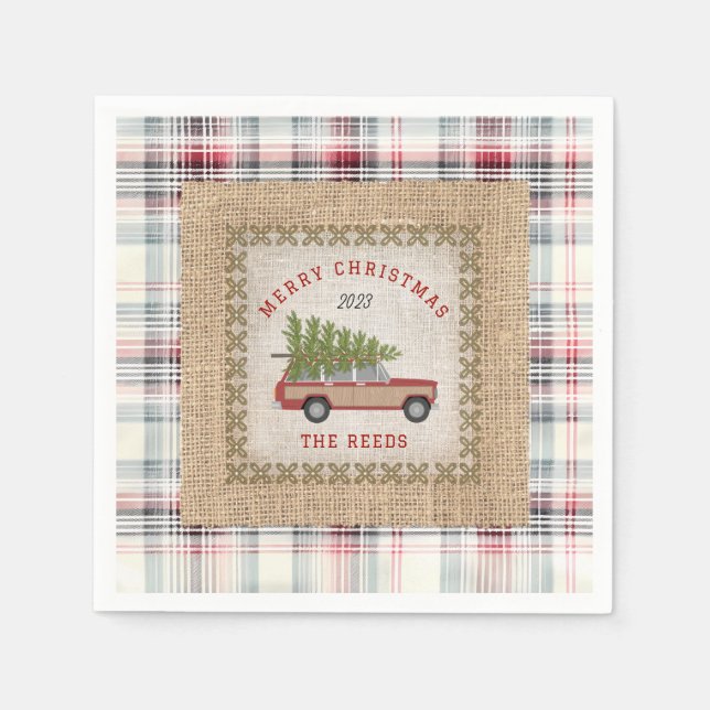 Plaid Faux Burlap Wood Paneled SUV Christmas Tree Napkins (Front)
