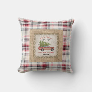 Plaid Faux Burlap Wood Paneled SUV Christmas Tree Throw Pillow