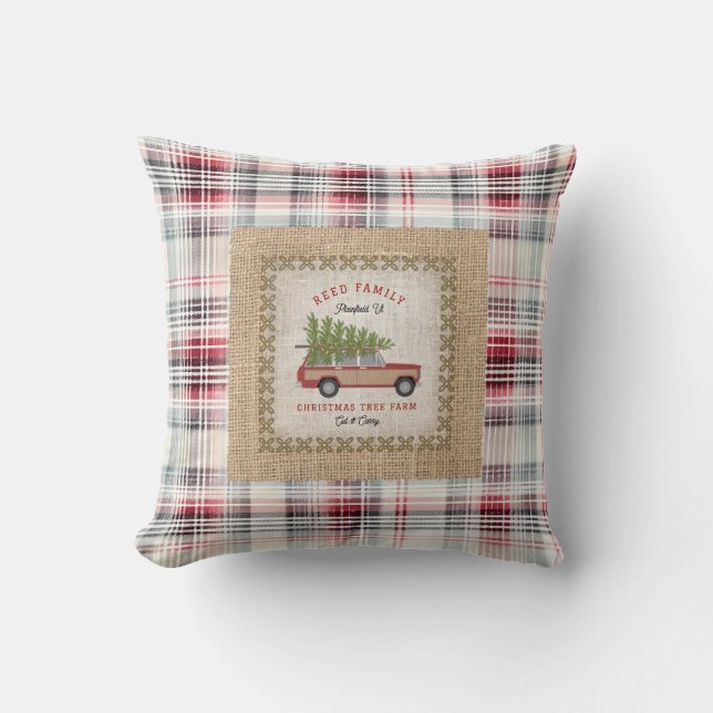 Plaid Faux Burlap Wood Paneled SUV Christmas Tree Throw Pillow (Front)