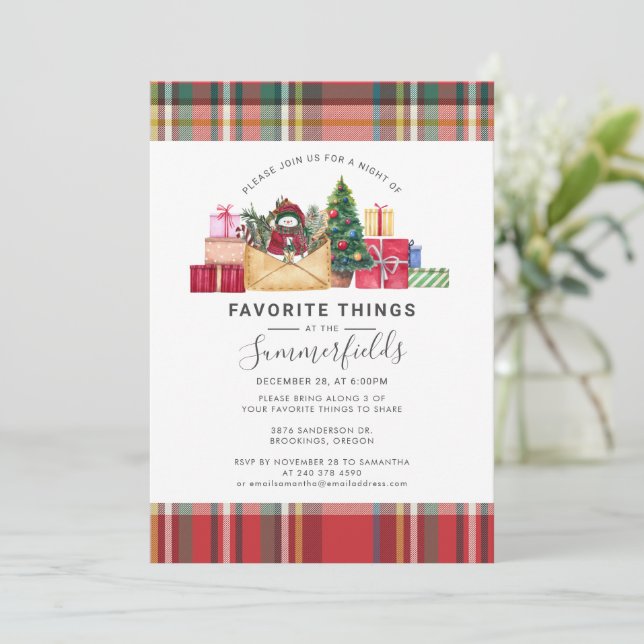 Plaid Favorite Things Christmas Holidays Party Invitation (Standing Front)