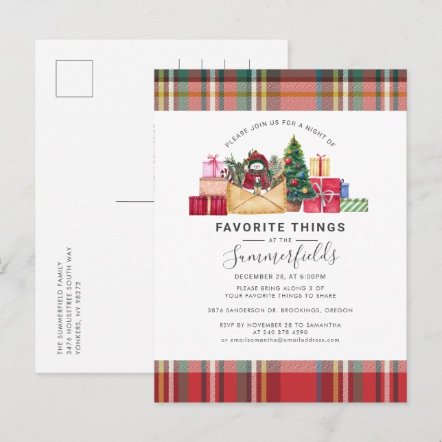 Plaid Favorite Things Rustic Christmas Holidays Invitation Postcard (Front/Back)