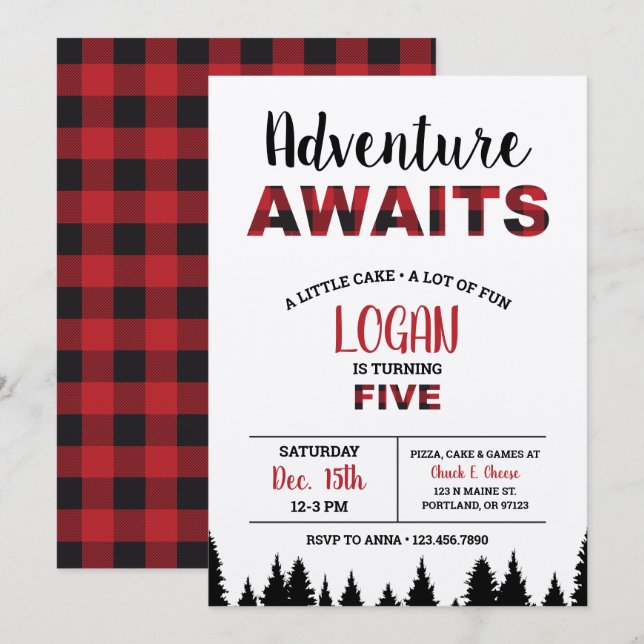Plaid Fifth Birthday Invitation Adventure Awaits (Front/Back)