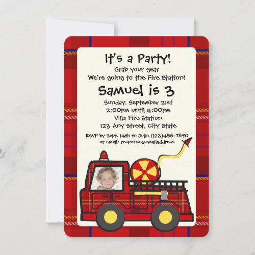 Plaid Fire Engine Birthday with Photo Invitation