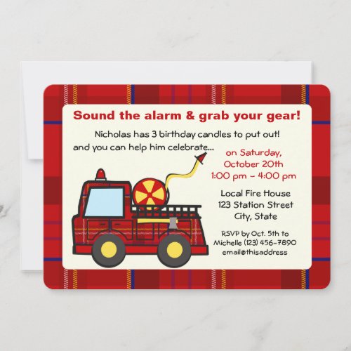 Plaid Fire Truck Birthday Invitation