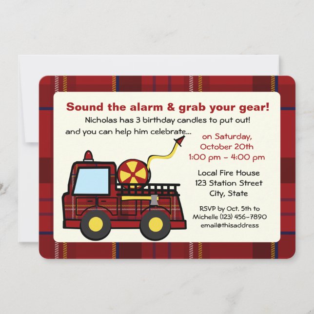 Plaid Fire Truck Birthday Invitation (Front)