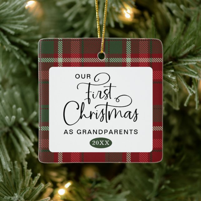 Plaid First Christmas Grandparents Photo Christmas Ceramic Ornament (Tree)