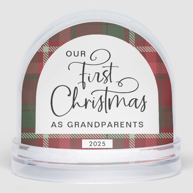Plaid First Christmas Grandparents Photo Christmas Snow Globe (Front)