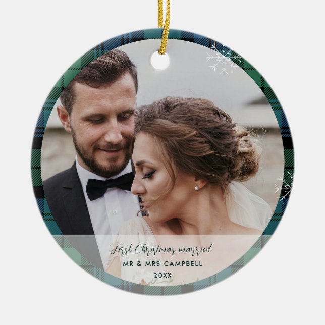 Plaid First Christmas Married Campbell Tartan Ceramic Ornament (Front)