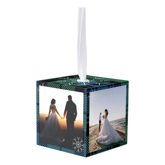 Plaid First Christmas Married Campbell Tartan Cube Ornament (Back Angled)