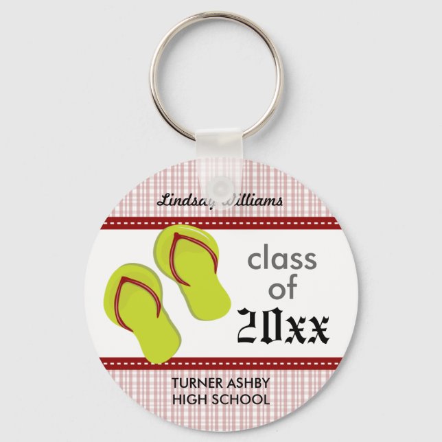 Plaid Flip Flop Custom Graduation Keychain: Red Keychain (Front)
