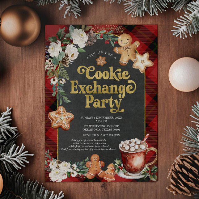 Plaid Floral Christmas Cookie Exchange Party Invitation (Creator Uploaded)