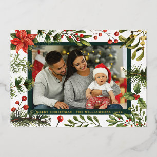 Plaid Floral Poinsettia Family Photo Tartan Gold Foil Holiday Card