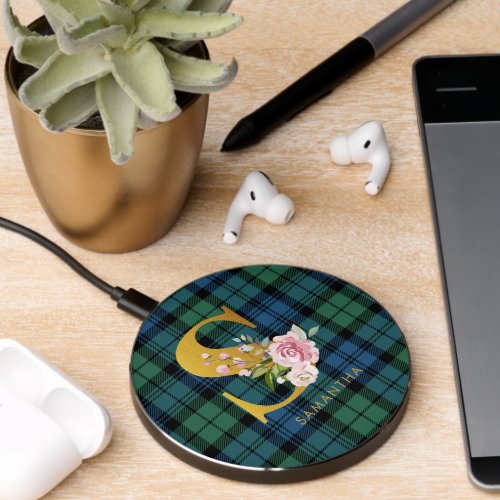 Plaid Foral Monogram Name Initial Tartan Wireless Charger