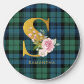 Plaid Foral Monogram Name Initial Tartan Wireless Charger (Front)
