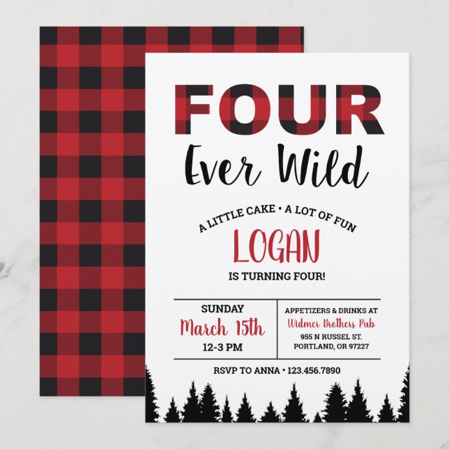 Plaid Fourth Birthday Invitation Four Ever Wild 4 (Front/Back)