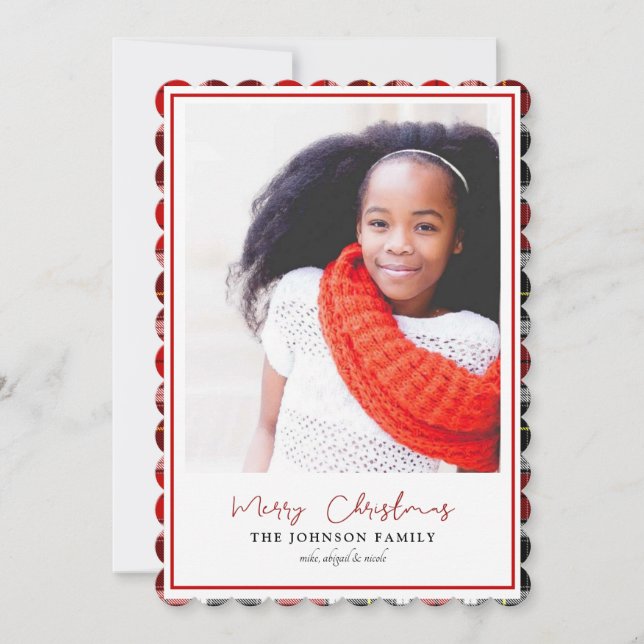 Plaid Frame Family Photo Christmas Scalloped (Front)
