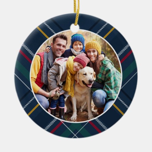 Plaid frame family photo personalized Christmas Ceramic Ornament
