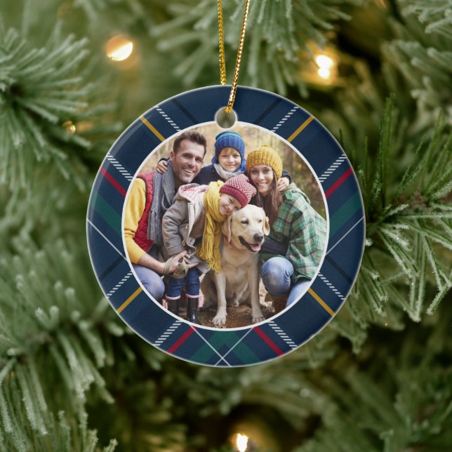 Plaid frame family photo personalized Christmas Ceramic Ornament (Tree)