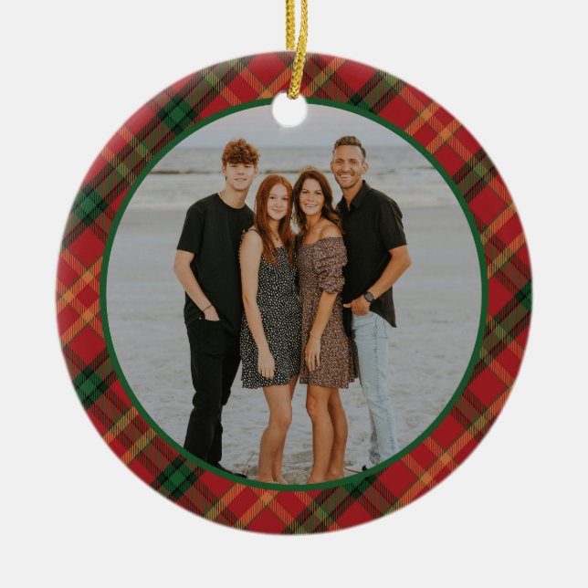 Plaid Frame Family Photo Personalized Christmas Ceramic Ornament (Front)