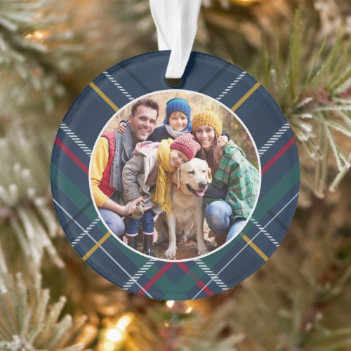 Plaid frame family photo personalized Christmas Ornament