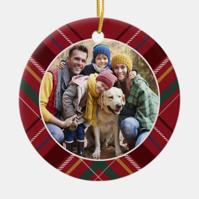 Plaid frame photo red personalized Christmas Ceramic Ornament (Front)