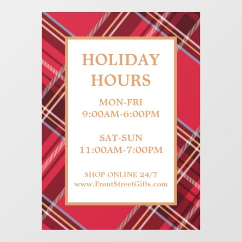 Plaid Framed Holiday Hours Window Cling