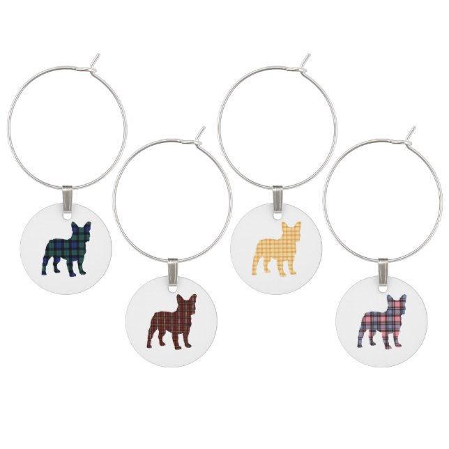 Plaid French Bulldog Wine Glass Charms (Staggered)
