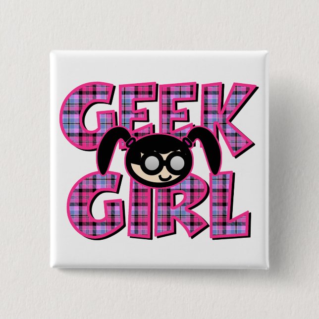 Plaid Geek Girl with Graphic Pinback Button (Front)